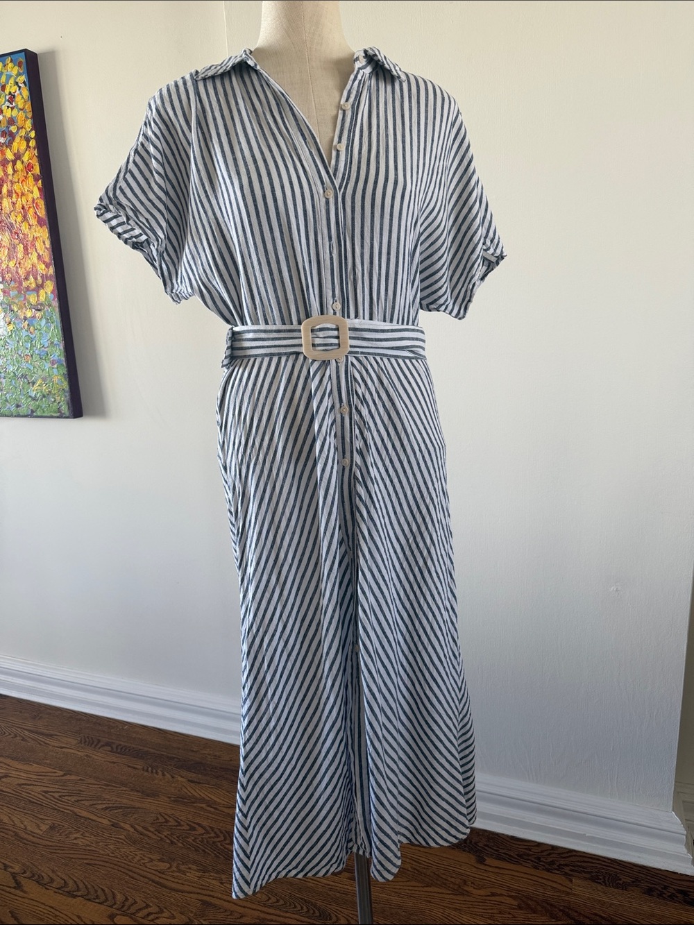 MNG Striped Button-Front Belted Maxi Dress - Blue & White